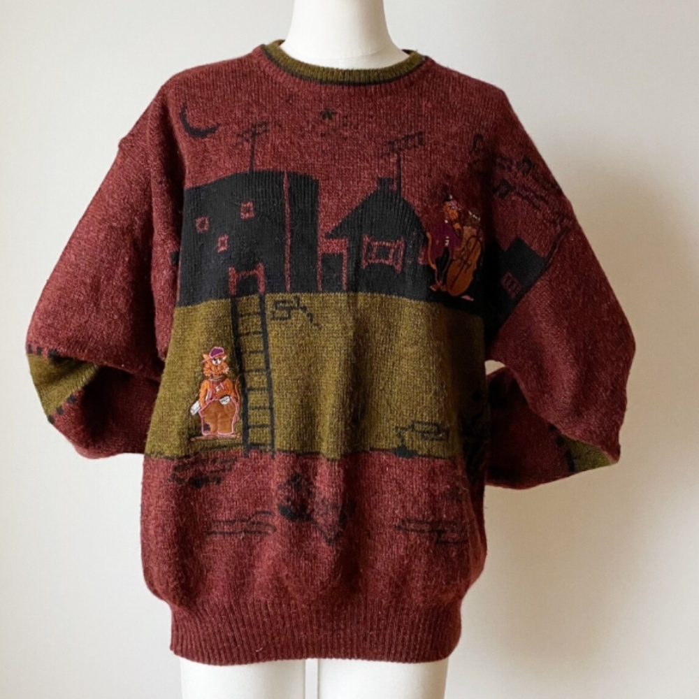 Vtg 80s Jazz Cats Sweater Large North Country Embroidered Knit Grandpa Quirky